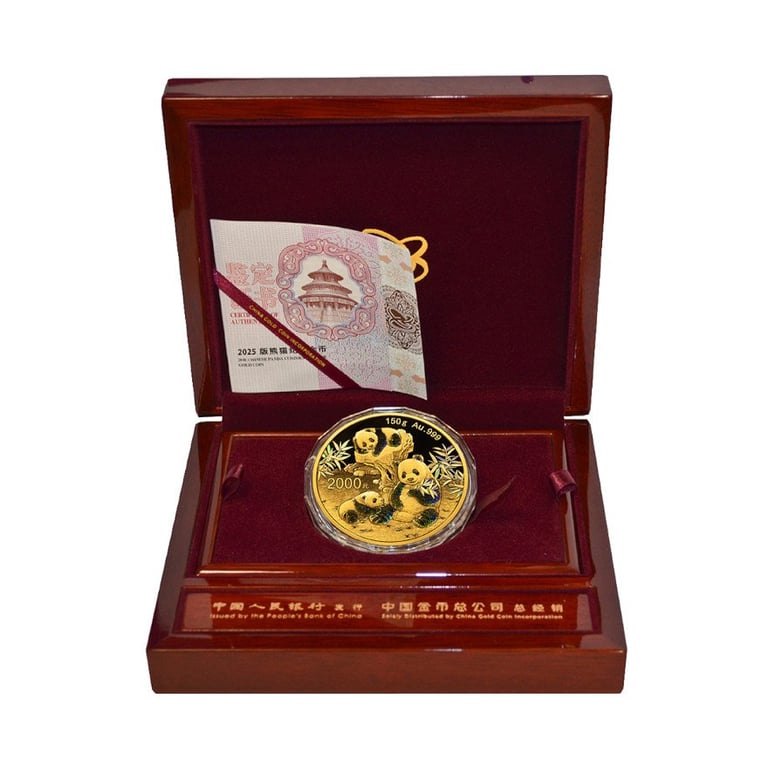Gold China Panda 150 g PF - Iridescent 2025 in the original coin case