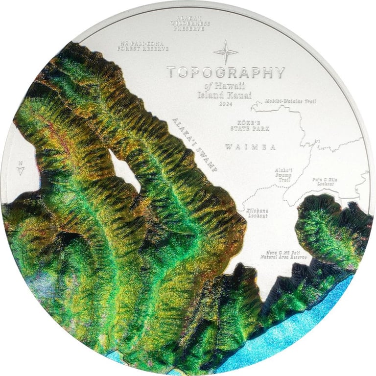 Front of the Silver Topography Hawaii 5 oz PF - Ultra High Relief 2024