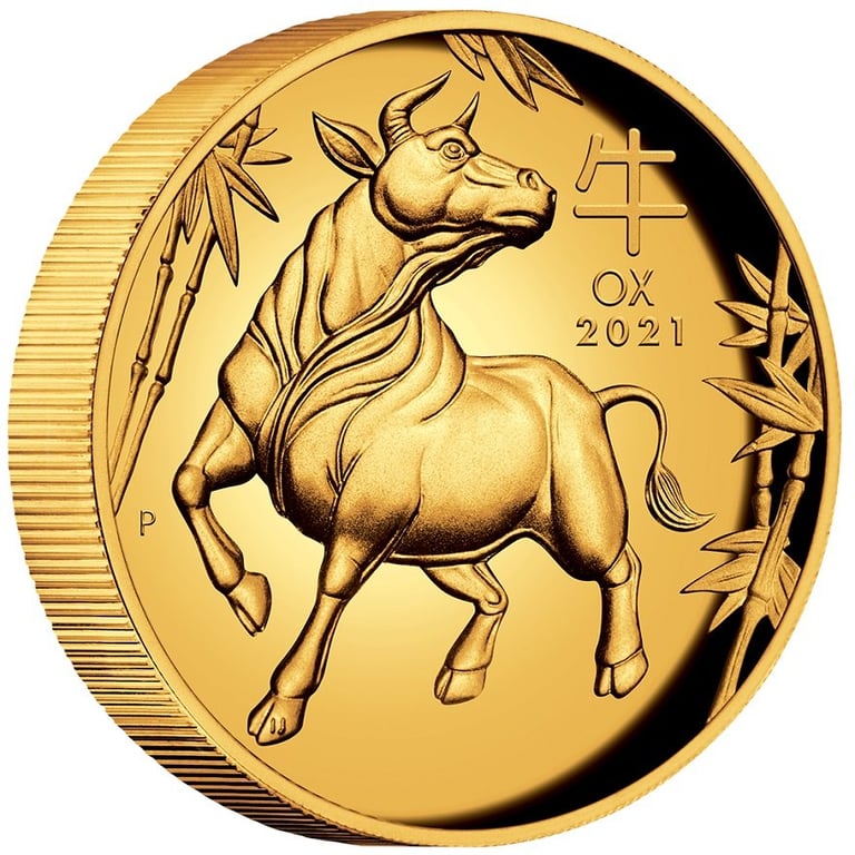 Side view of the Gold Lunar III 1 oz Ox PF - High Relief 2021