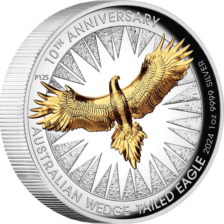 Side view of the Silver Wedge Tailed Eagle 1 oz PF - High Relief 2024