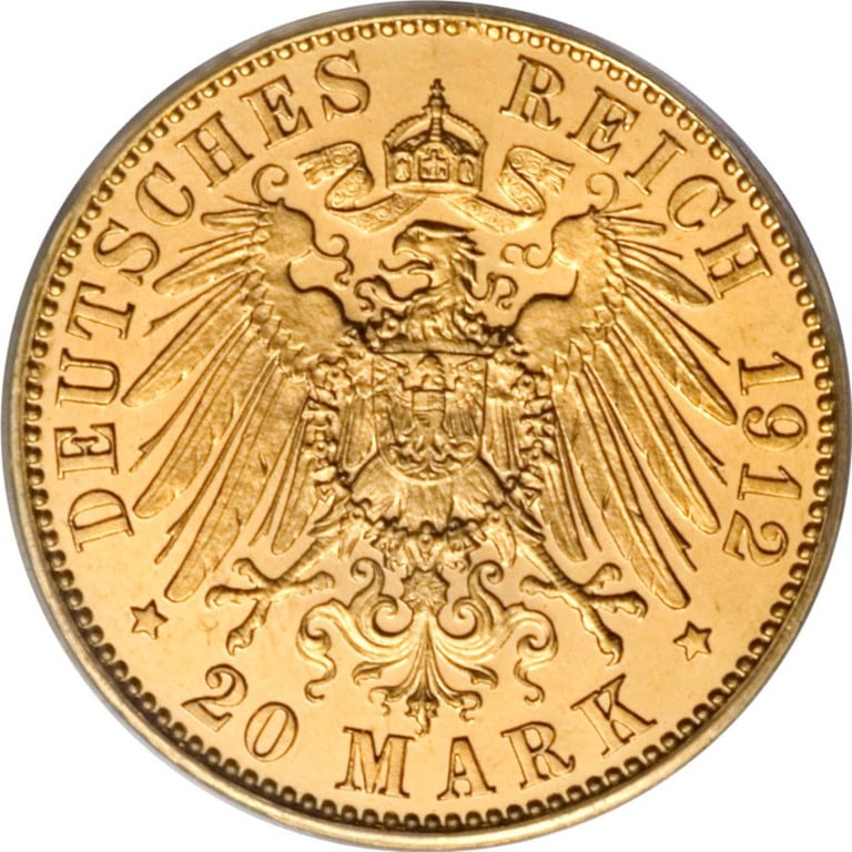 Front of the 20 Mark Reichsgold coin - various years