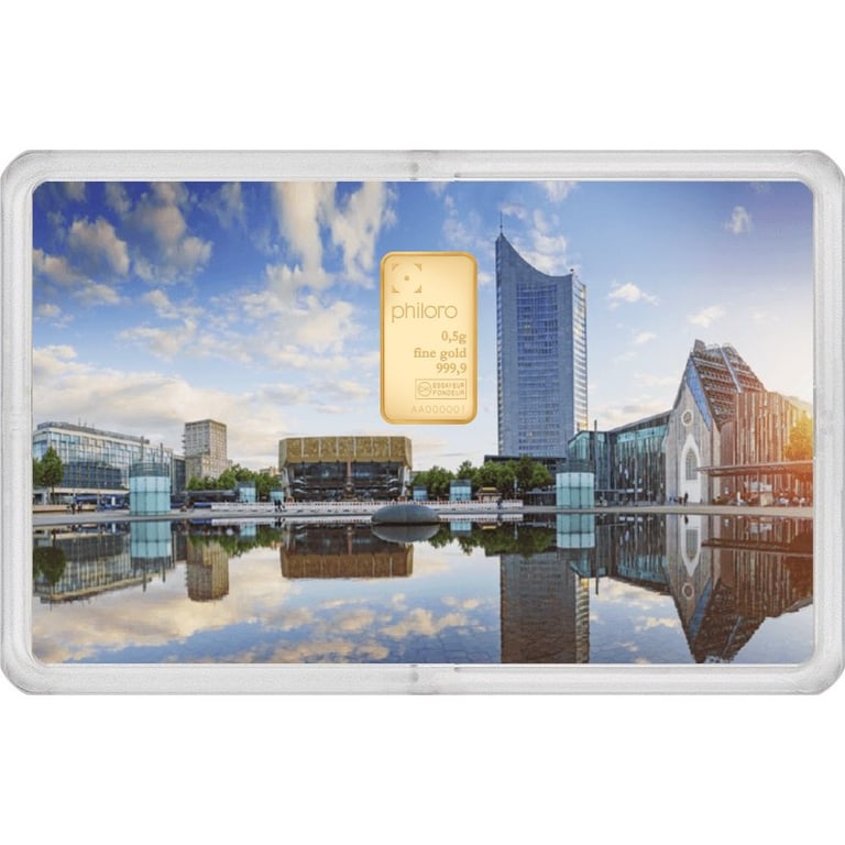 Front of the Gold bar 0,5 g - philoro - City map Leipzig