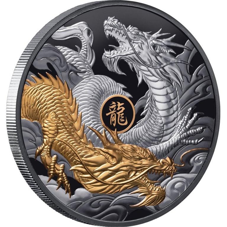 Side view of the Silver Year of the Dragon - 5 oz Black Proof - Partially Gold-Plated 2024