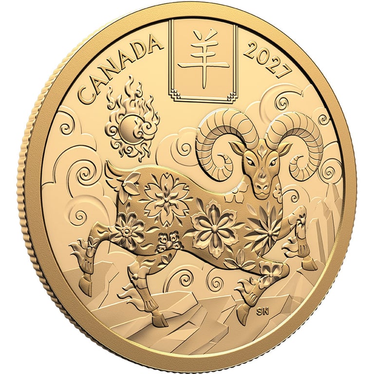Side view of Gold Lunar Goat 15 g PF - Royal Canadian Mint 2027