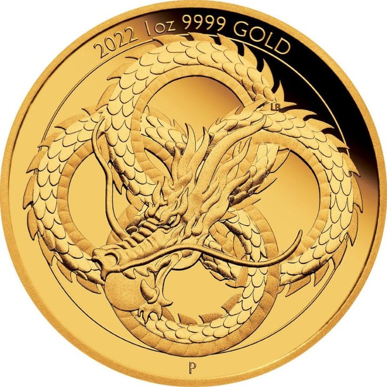 Front of the Gold Dragon - Chinese mythical creature - 1 oz PF 2022