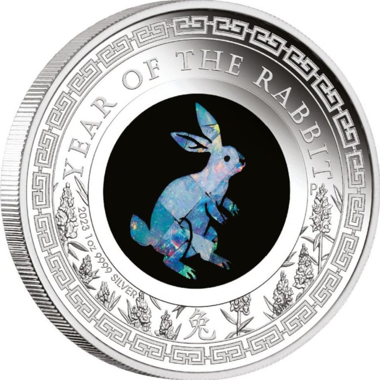 Side view of the Silver Opal Series 1 oz PF - Year of the Rabbit 2023