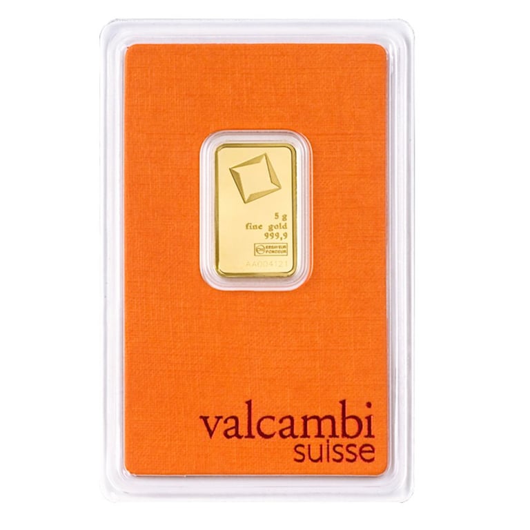 Front of the Gold bar 5 g - Valcambi in the blister card