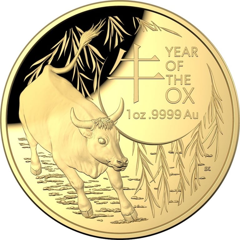 Front of the Gold Lunar Ox 1 oz PF domed coin - RAM 2021