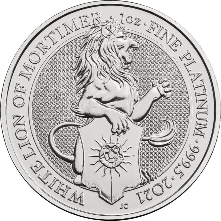 Front of the Platinum The Queen's Beasts 1 oz - White Lion of Mortimer 2021