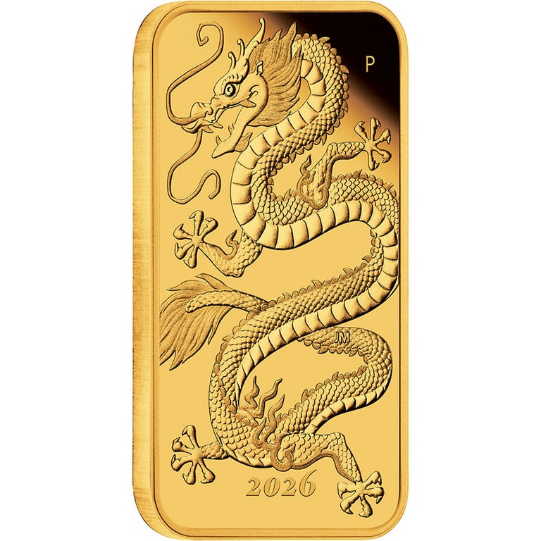 Side view of Gold Dragon Rectangle 1 oz PF - 2026