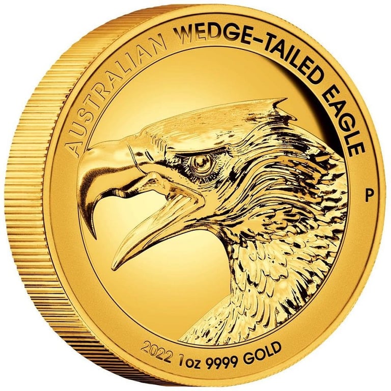 Side view of the Gold Wedge Tailed Eagle 1 oz PF - High Relief 2022