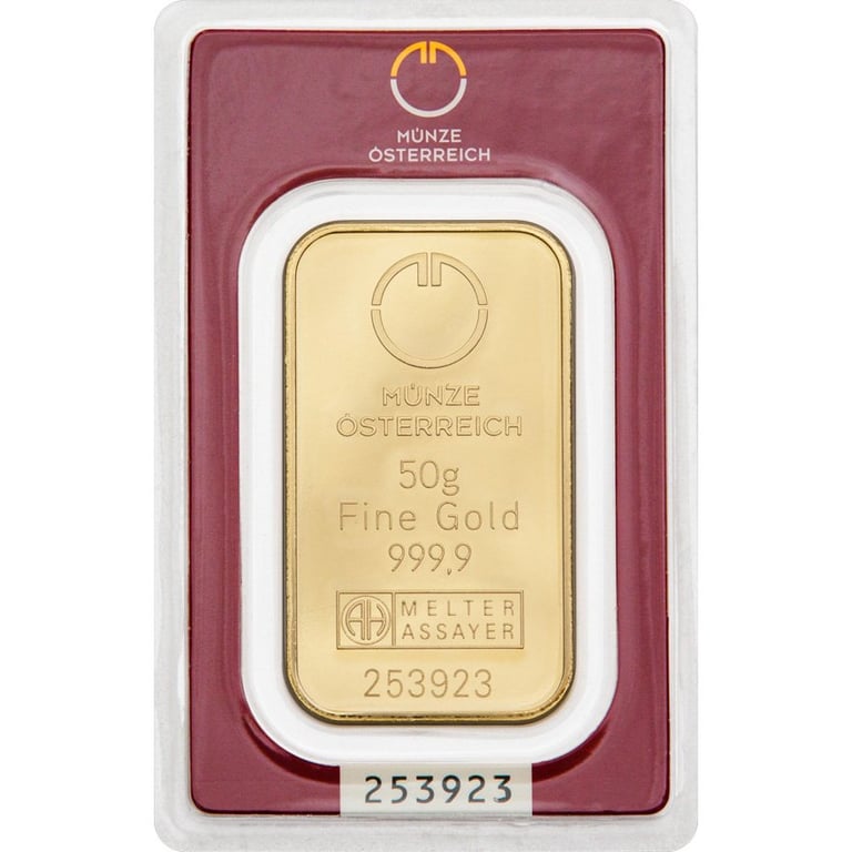 Front of the Gold bar 50 g - Austrian Mint in the blister card