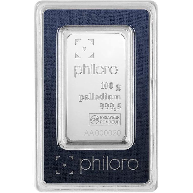 Front of the Palladium bar 100 g - philoro in the blister card