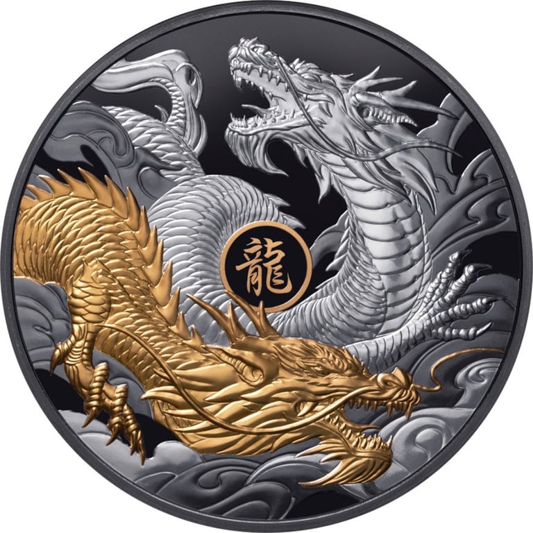 Front of the Silver Year of the Dragon - 5 oz Black Proof - Partially Gold-Plated 2024