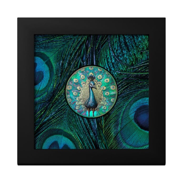 Coin case of the Silver Spectrum Peacock 1 oz PF - Prisma Plating 2025