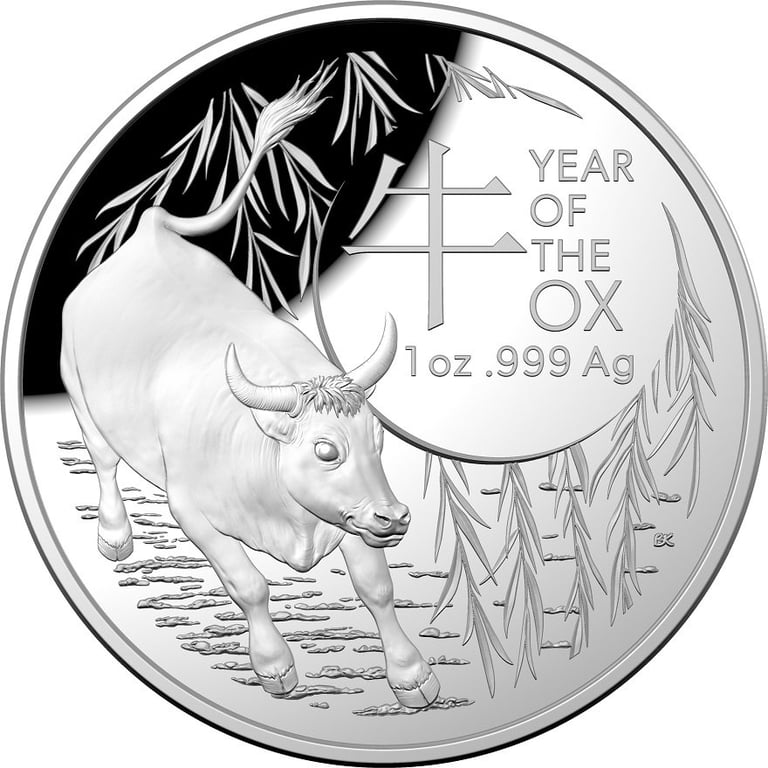Front of the Silver 1 oz Lunar Ox PF domed coin - RAM 2021