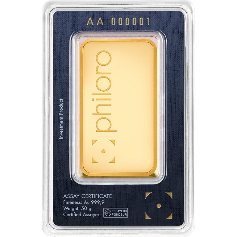Back of the Gold bar 50 g - philoro in the blister card