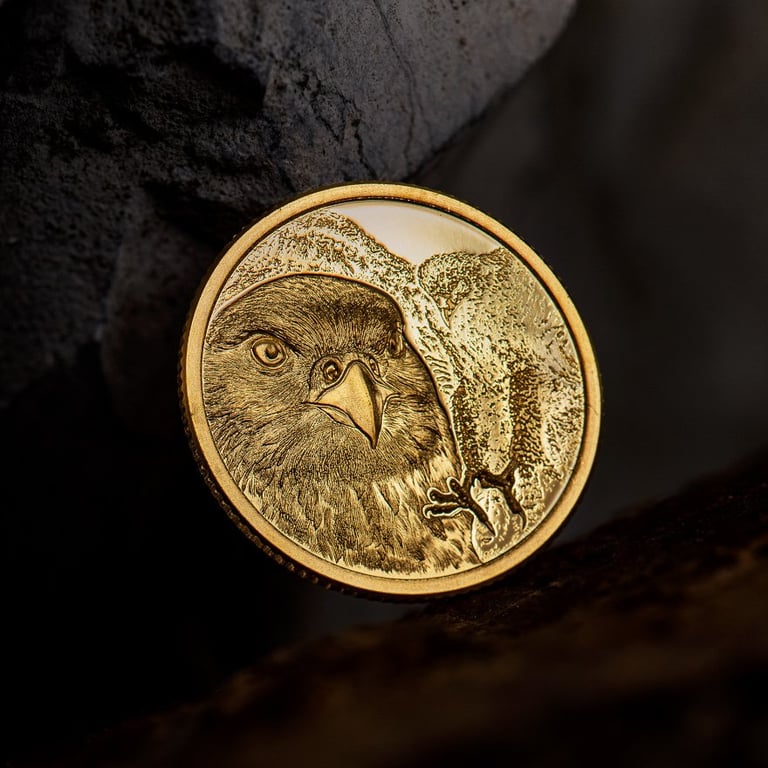 Gold Mongolian Falcon 1/10 oz PP - High Relief 2023 in the original coin case