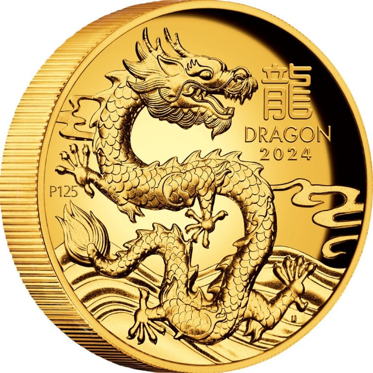 Side view of the Gold Lunar III Dragon 1 oz PF - High Relief 2024