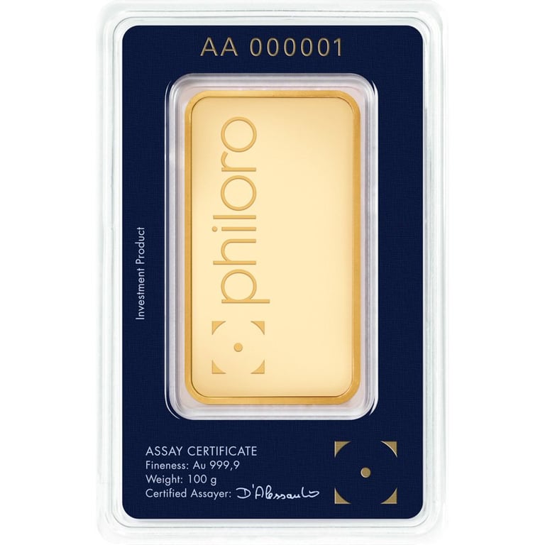 Front of the Gold bar 100 g philoro in the blister card