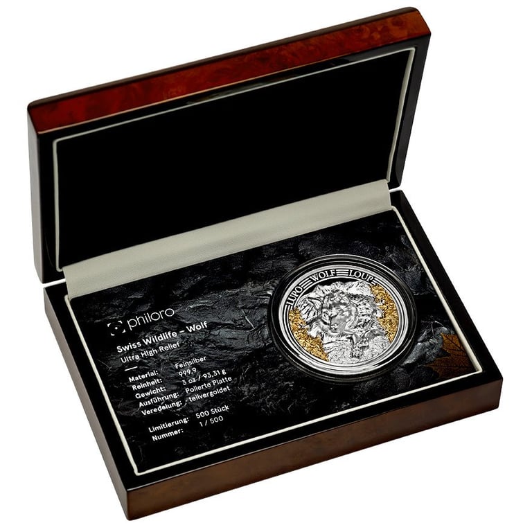 Silver Swiss Wildlife - Wolf 3 oz PP - Ultra High Relief 2025 in the original coin case