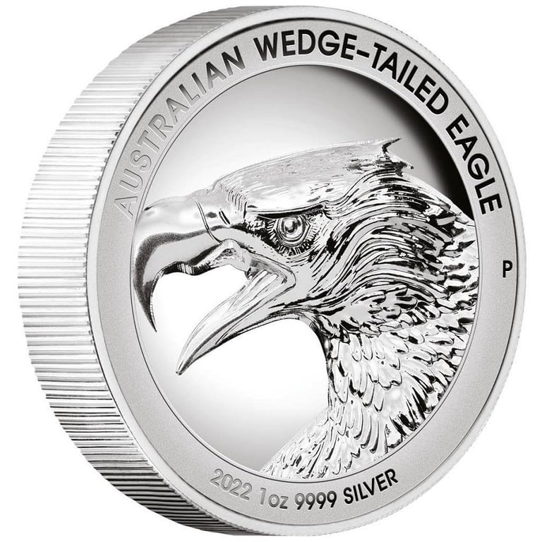 Side view of the Silver Wedge Tailed Eagle 1 oz PF - High Relief 2022