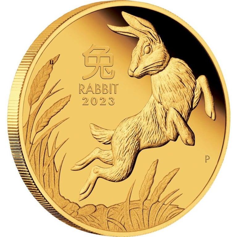 Side view of the Gold Lunar III 1/4 oz Rabbit PF - Perth Mint 2023