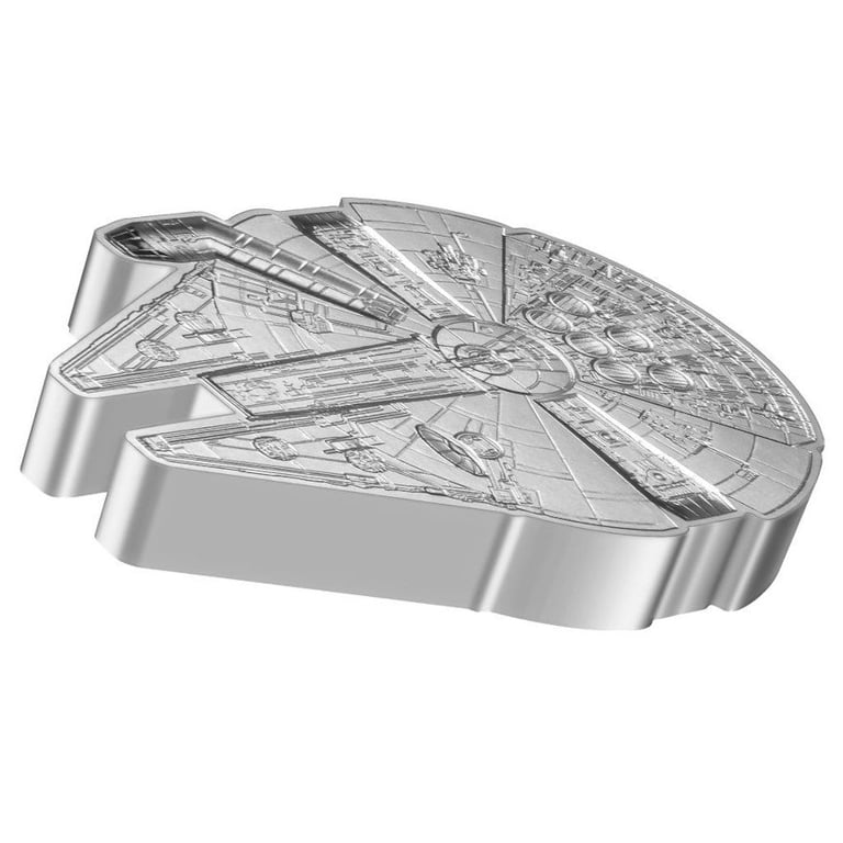 Side view of the Silver STAR WARS 3 oz - Millennium Falcon - Proof 2022