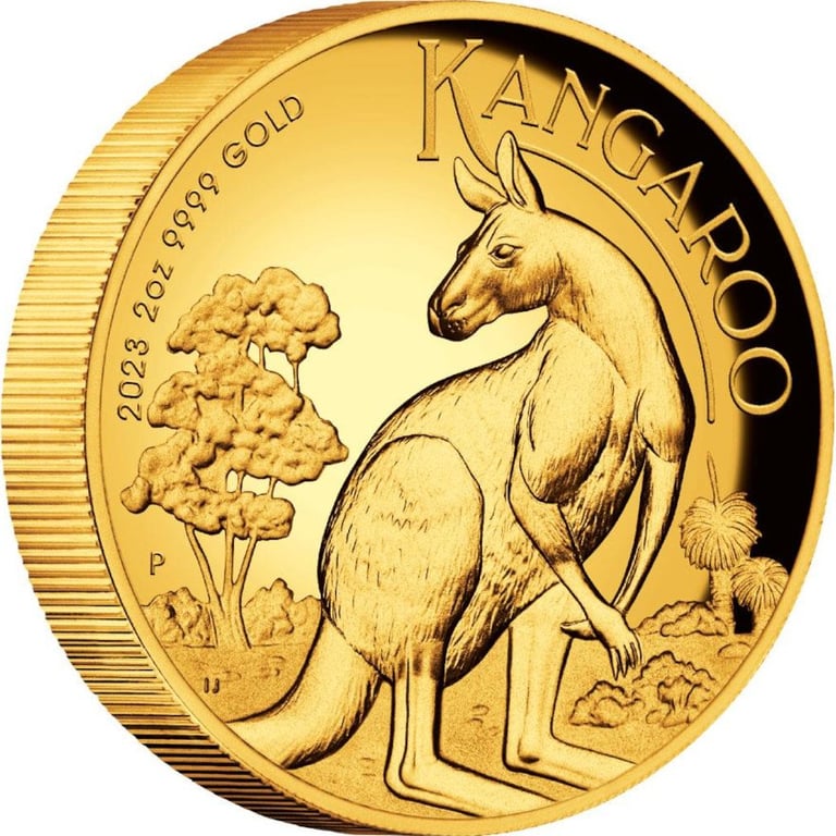 Side view of the Gold Kangaroo 2 oz PF - High Relief 2023
