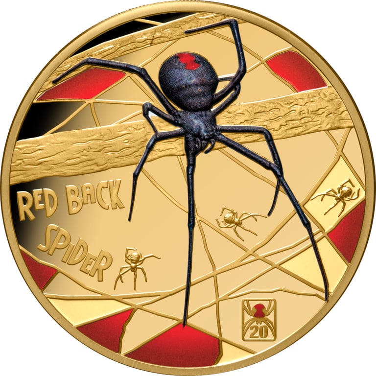 Front of Gold Deadly & Dangerous – Red Back Spider 1 oz Proof – 20th Anniversary 2026