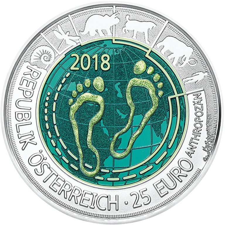 Front of the Silver niobium coin “Anthropocene” 25 EUR SU AUT - 2018