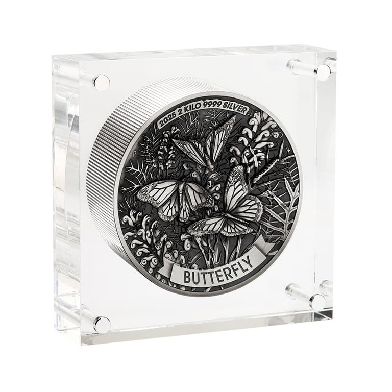 Silver Butterfly 2000 g High Relief – Antique Finish 2025 in showbox