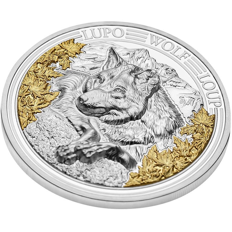 Side view of the Silver Swiss Wildlife - Wolf 3 oz PP - Ultra High Relief 2025
