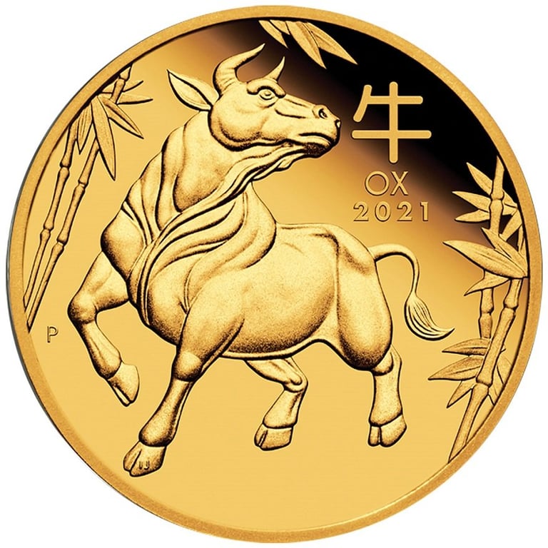 Front of the Gold Lunar III Ox 1/10 oz PF - 2021