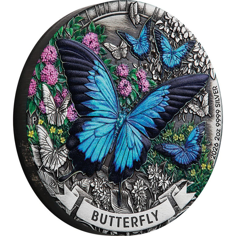 Side view of Silver Butterfly 2 oz – Antique Finish 2026