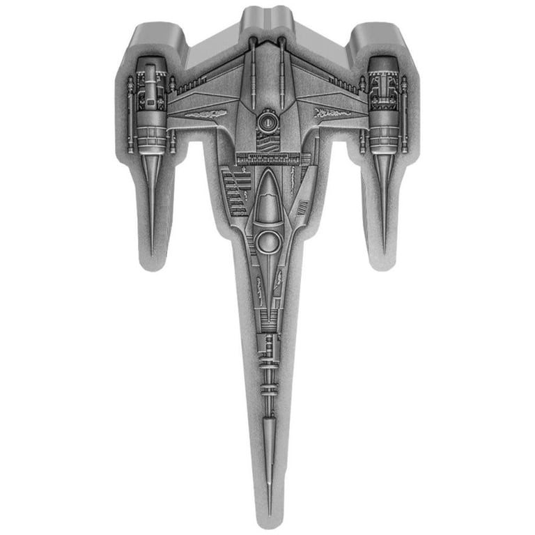 Side view of the Silver STAR WARS Mandalorian N-1 Starfighter 3 oz - 2023