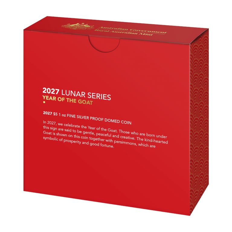 Box Back of Silver Lunar Goat 1 oz PF domed coin - RAM 2027