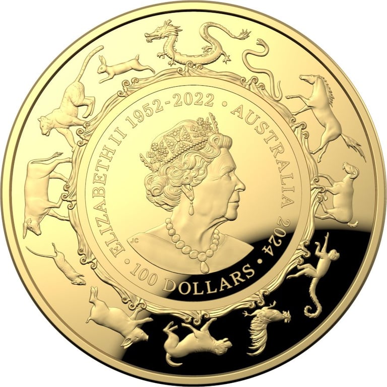 Back of the Gold Lunar Dragon 1 oz PF domed coin - RAM 2024