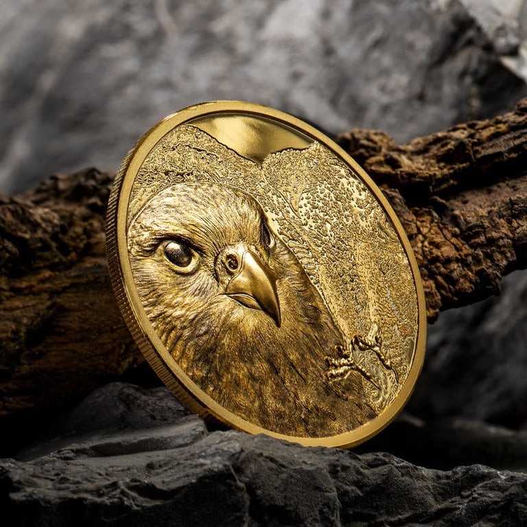 Side view of the Gold Mongolian Falcon 1 oz PF - High Relief 2023