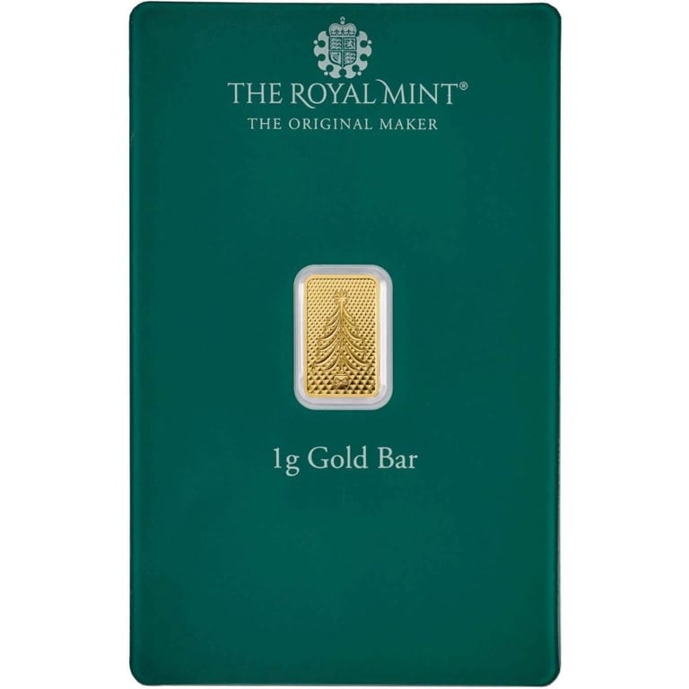 Front of the Gold bar 1 g Christmas Tree - The Royal Mint in the blister card