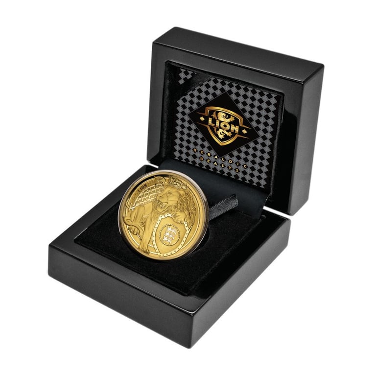 Gold Lion 1 oz Proof - Heraldic Beasts 2025 in the original coin case