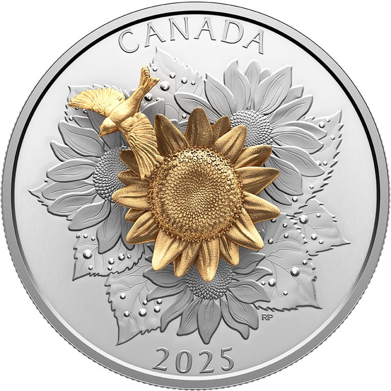 Front of Silver The Goldfinch and the Bloom 5 oz Proof - Gilded 3D Elements