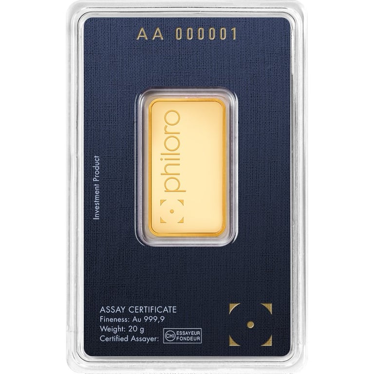 Back of the Gold bar 20 g - philoro in the blister card