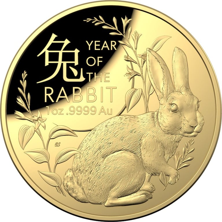 Front of the Gold Lunar Hare 1 oz PF domed coin - RAM 2023