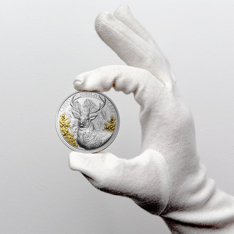 Coin real size view of Silver Swiss Wildlife – Deer 3 oz Proof – Ultra High Relief 2026