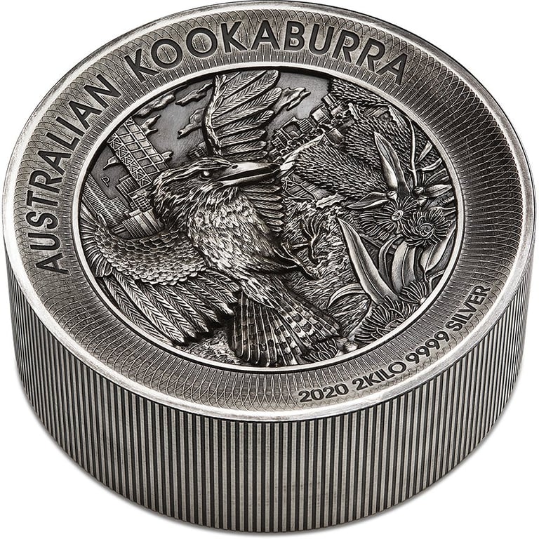 Side view of the Silver Kookaburra 2000 g High Relief - Antique Finish 2020