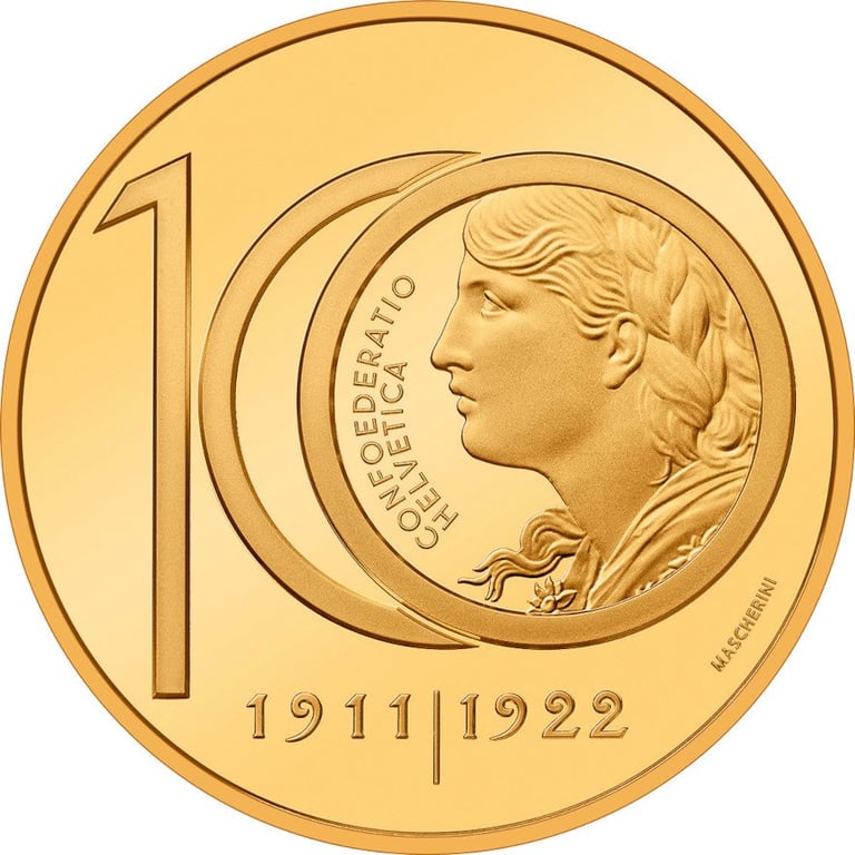Front of the Gold Vreneli - 100th Anniversary - 50 Francs PF - 2022