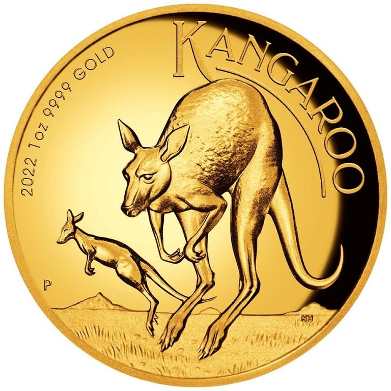 Front of the Gold Kangaroo 1 oz PF - High Relief - 2022