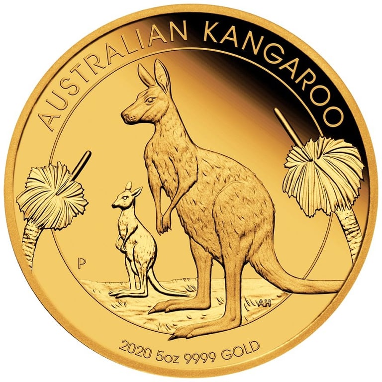 Front of the Gold Kangaroo 5 oz PF - 1st Edition