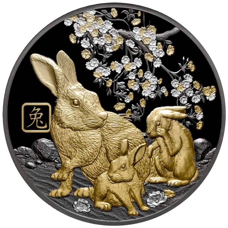 Front of the Silver Year of the Rabbit - 5 oz Black Proof - Partially Gold-Plated 2023